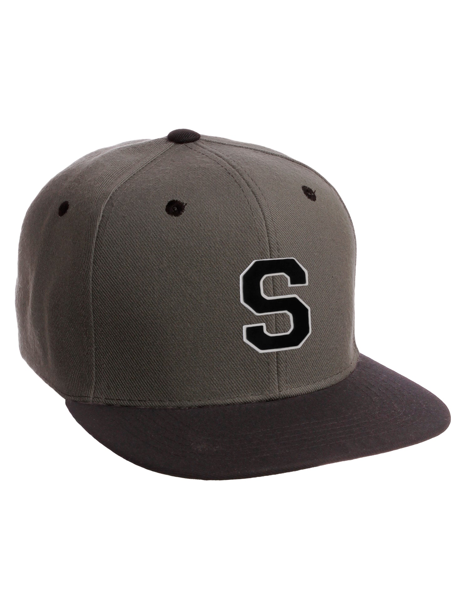 Classic Snapback Hat Custom A to Z Initial Letters, Charcoal Black Cap Wht Blk