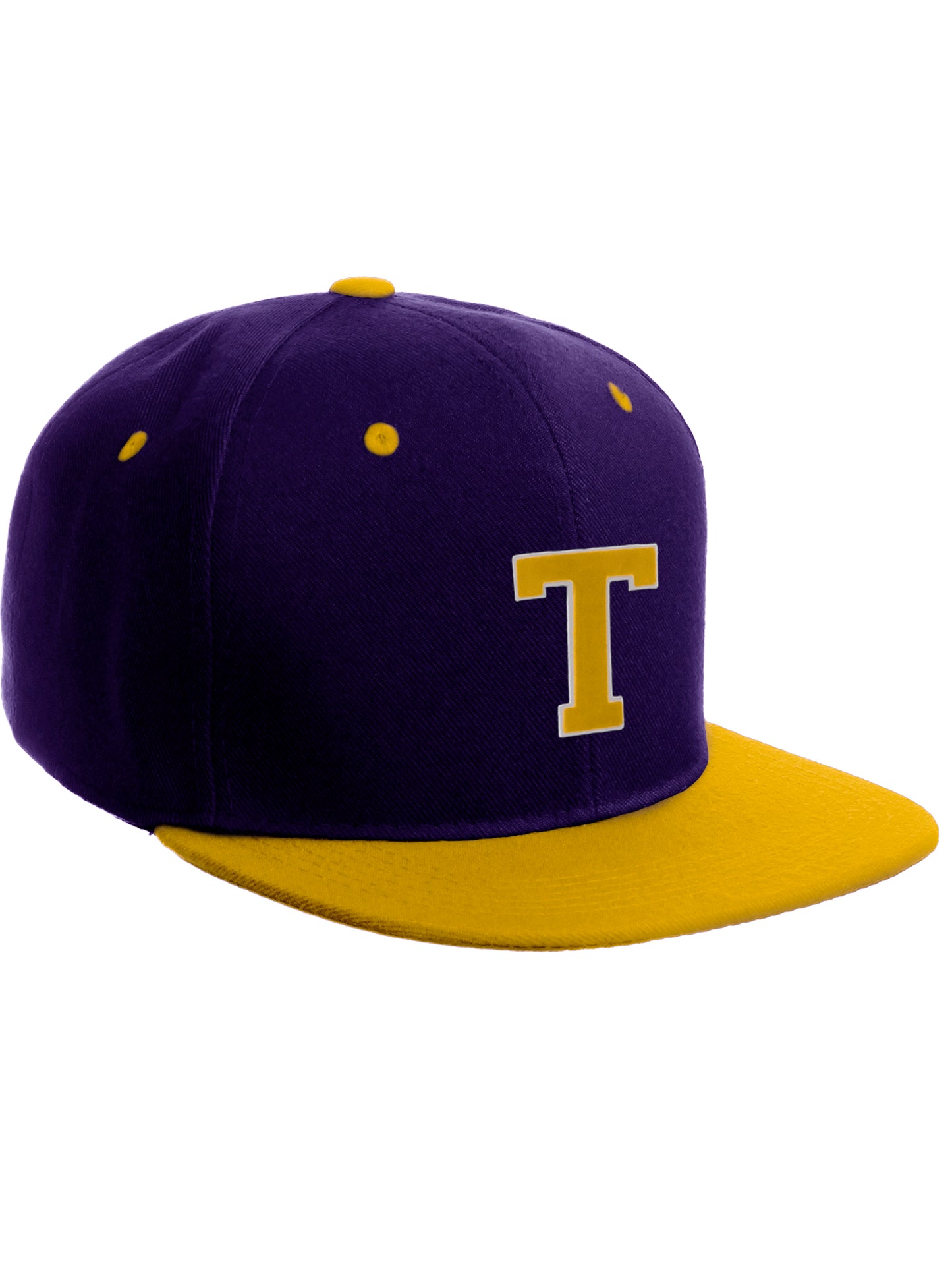 Classic Snapback Hat Custom A to Z Initial Letters, Purple Gold Cap White Gold
