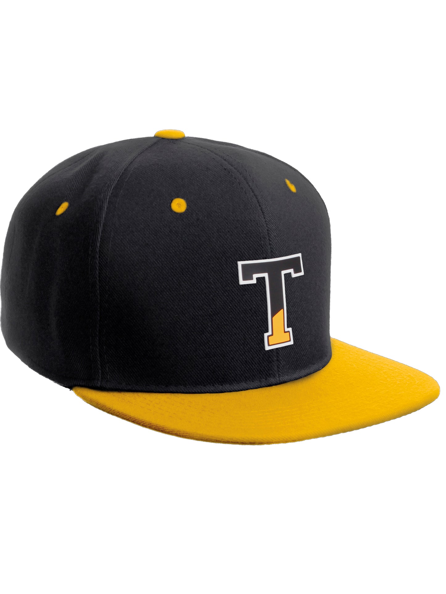Daxton Classic Snapback Initial Numbers Letters Flat Bill Visor Black Yellow Cap