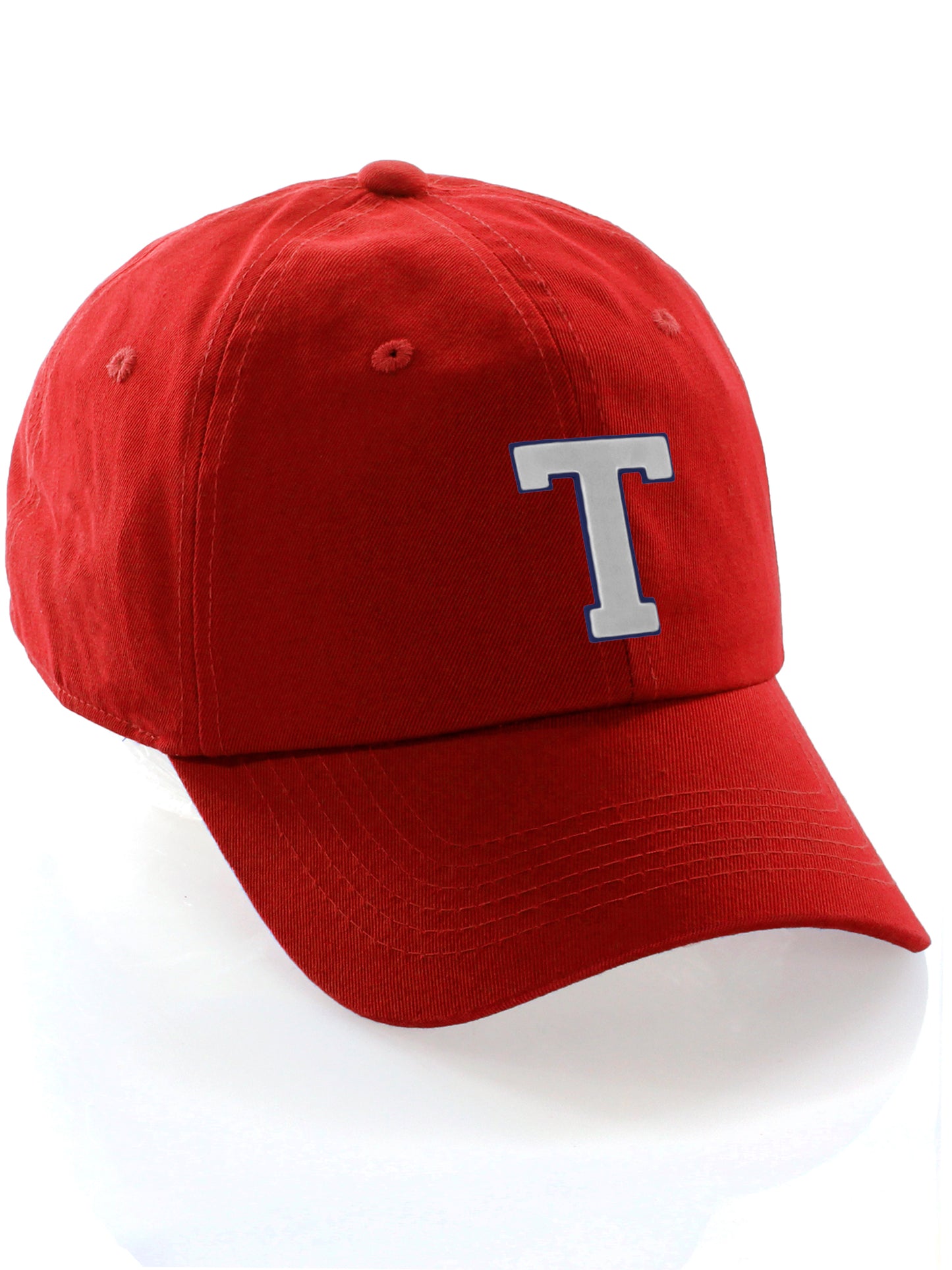 Customized Letter Initial Baseball Hat A to Z Team Colors, Red Cap Blue White