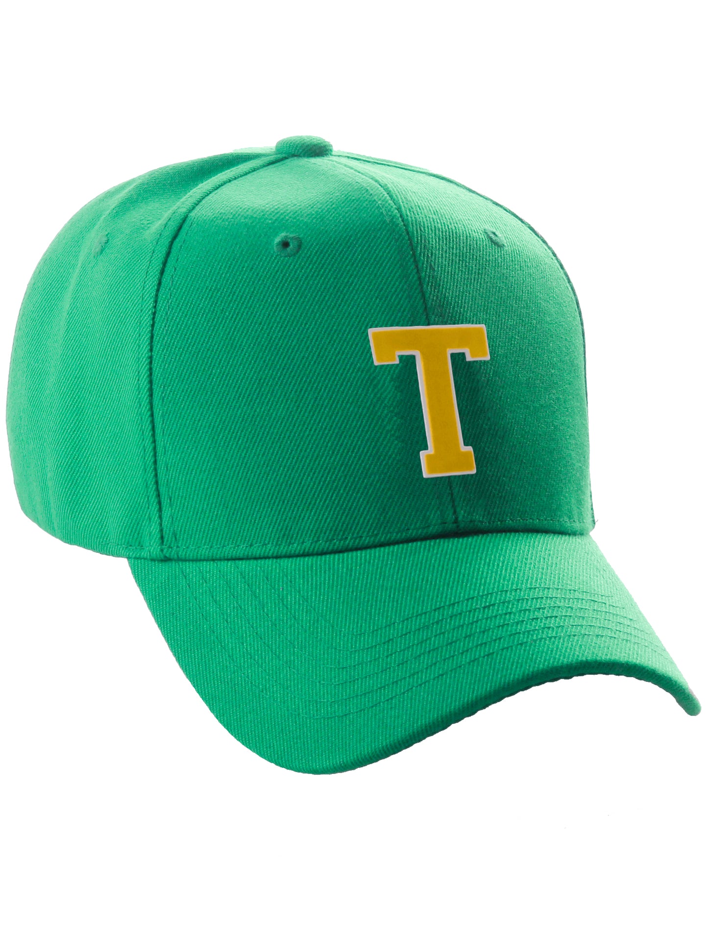 Classic Baseball Hat Custom A to Z Initial Team Letter, Green Cap White Gold