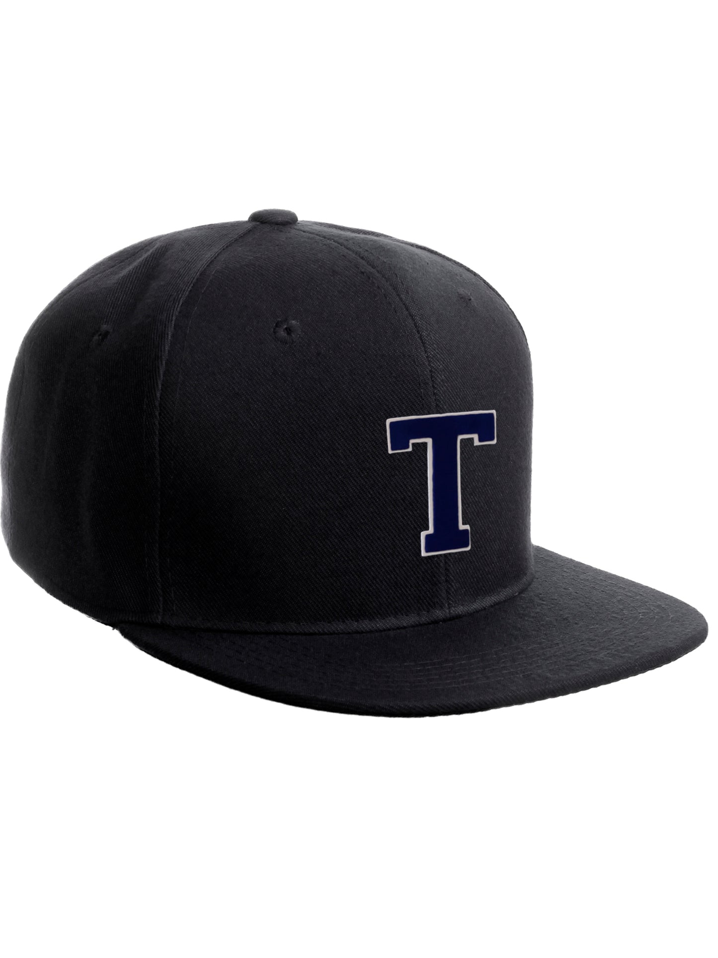 Classic Snapback Hat Custom A to Z Initial Raised Letter, Black Cap White Navy