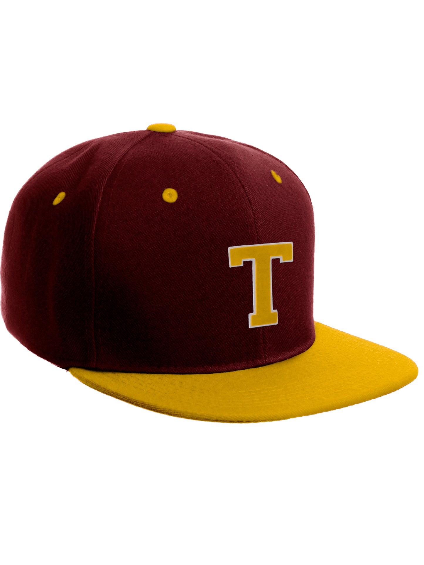 Classic Snapback Hat Custom A to Z Initial Letters, Burgundy Gold Cap White Gold