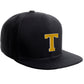 Classic Snapback Hat Custom A to Z Initial Raised Letters, Black Cap White Gold