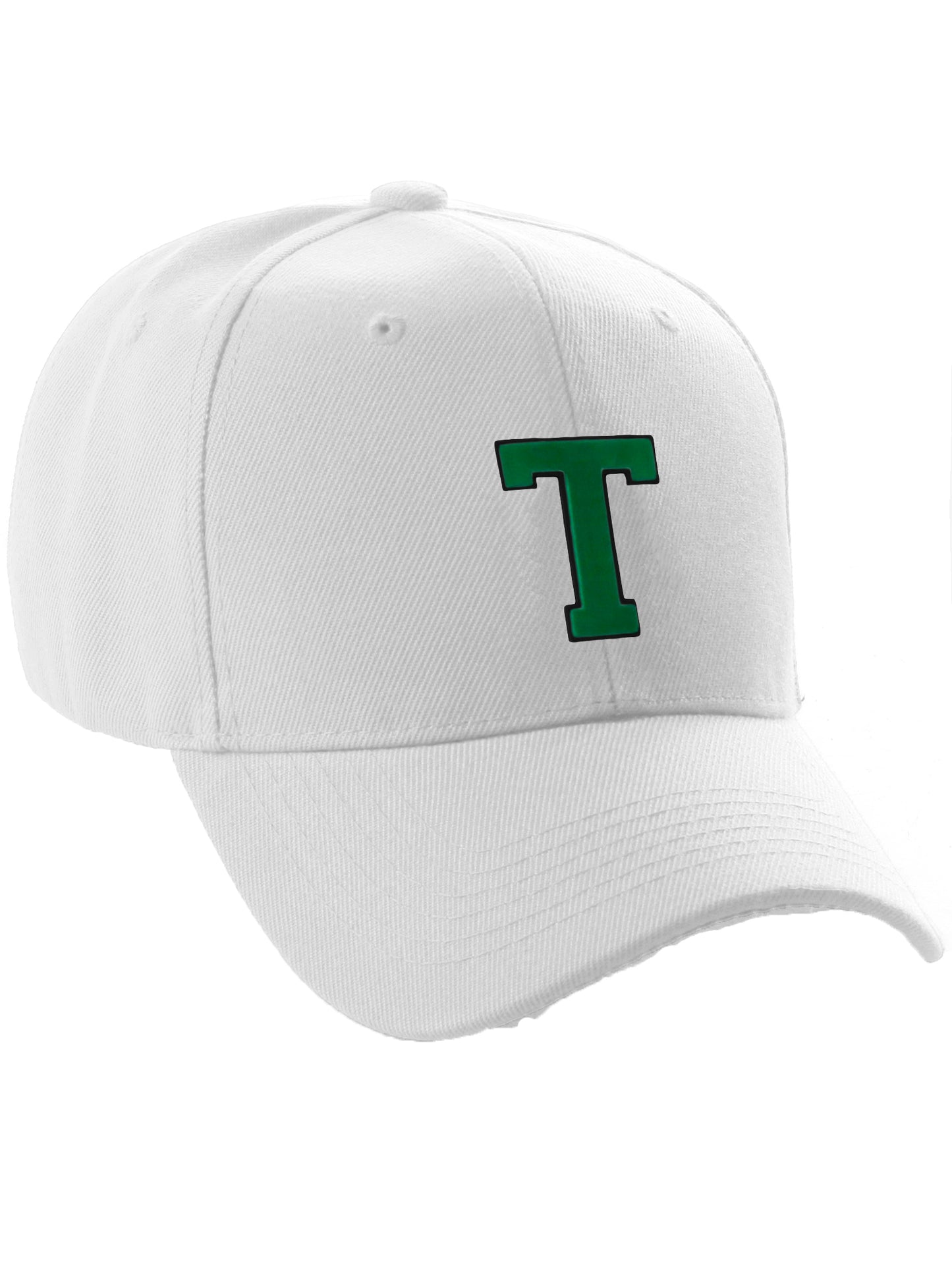 Classic Baseball Hat Custom A to Z Initial Team Letter, White Cap Black Green
