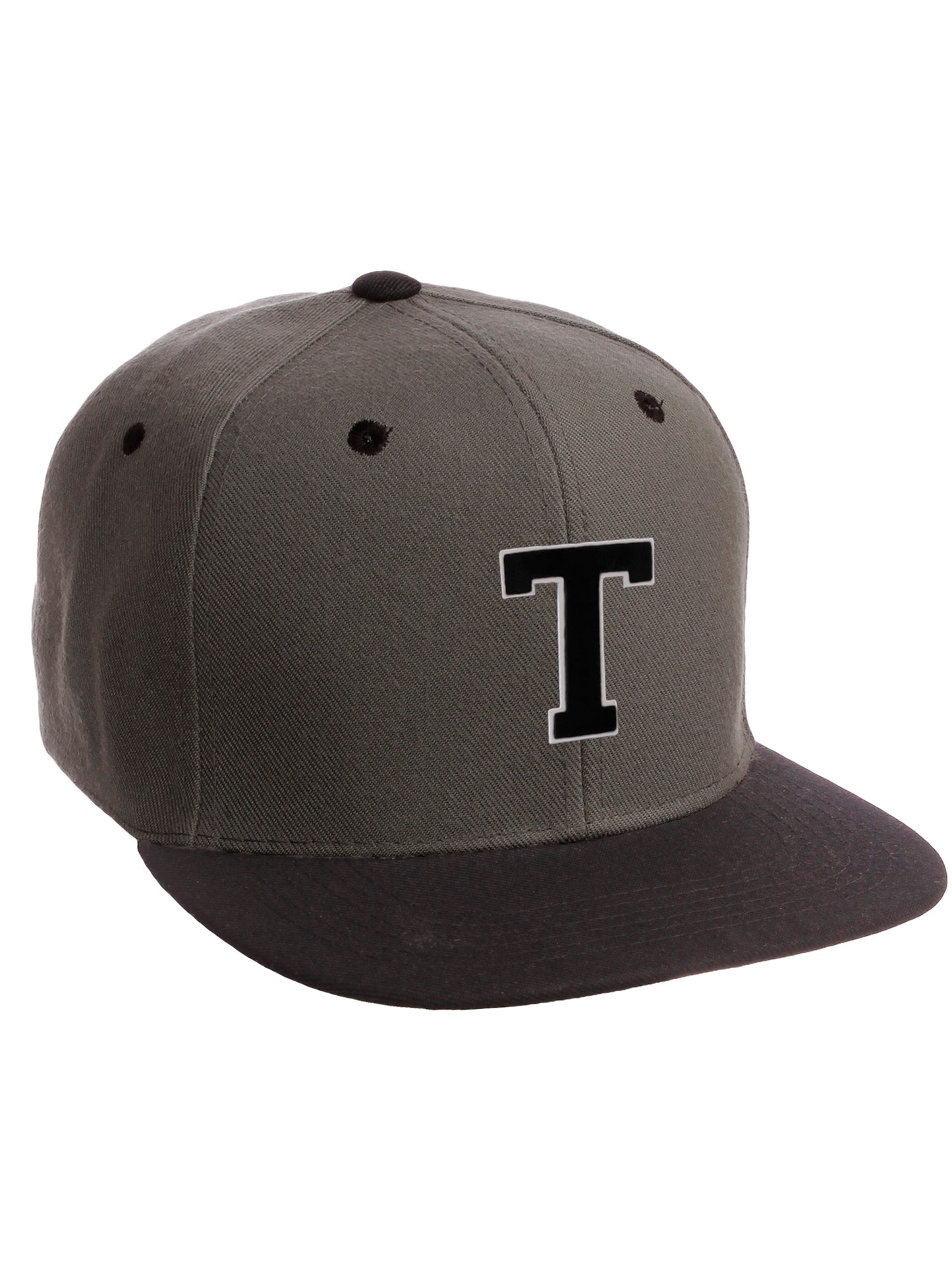 Classic Snapback Hat Custom A to Z Initial Letters, Charcoal Black Cap Wht Blk