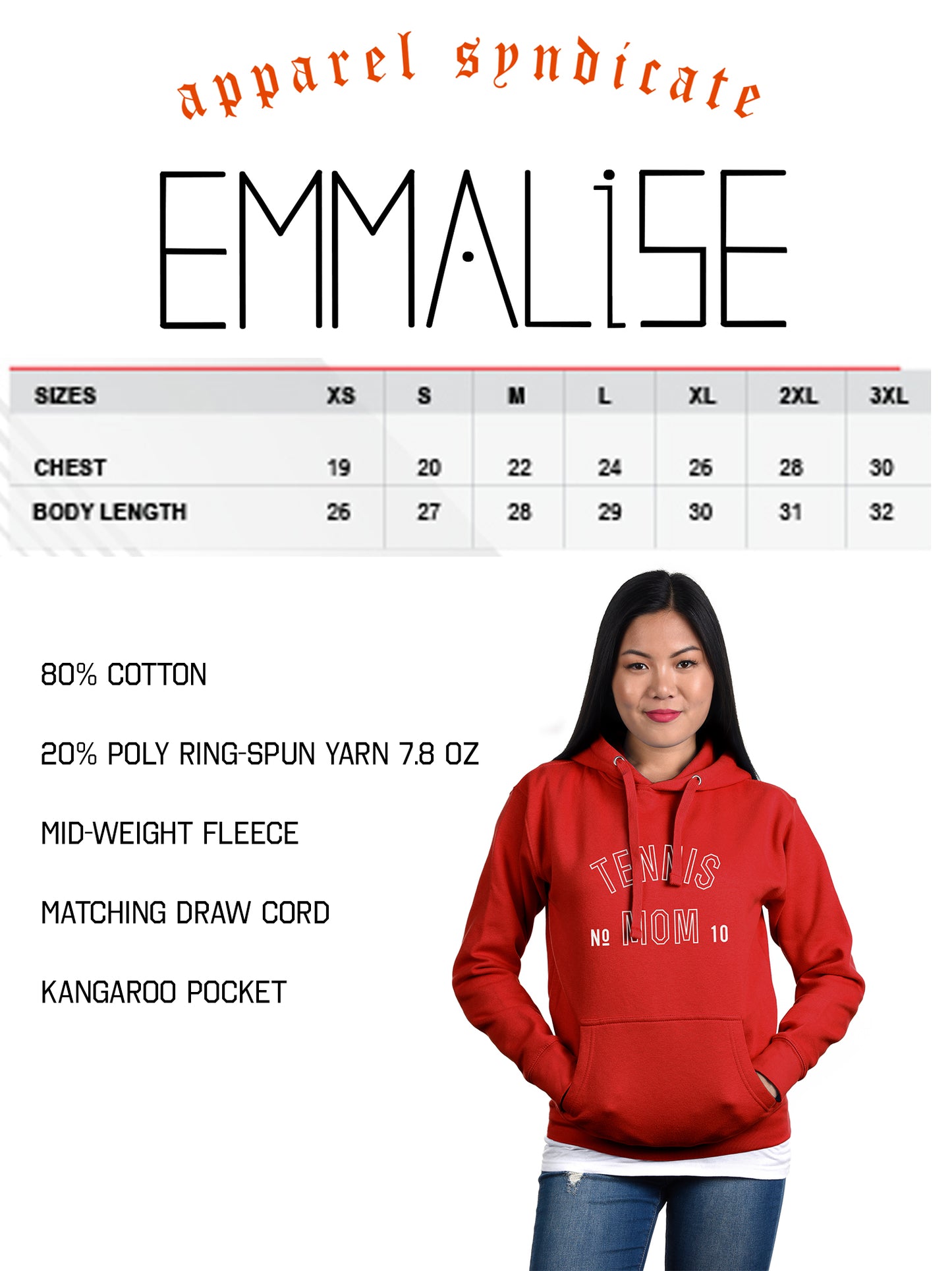 Emmalise Women's Tennis Mom Custom Number Round Neck Short Sleeve and Pullover Hoodie Fleece Sweatshirt
