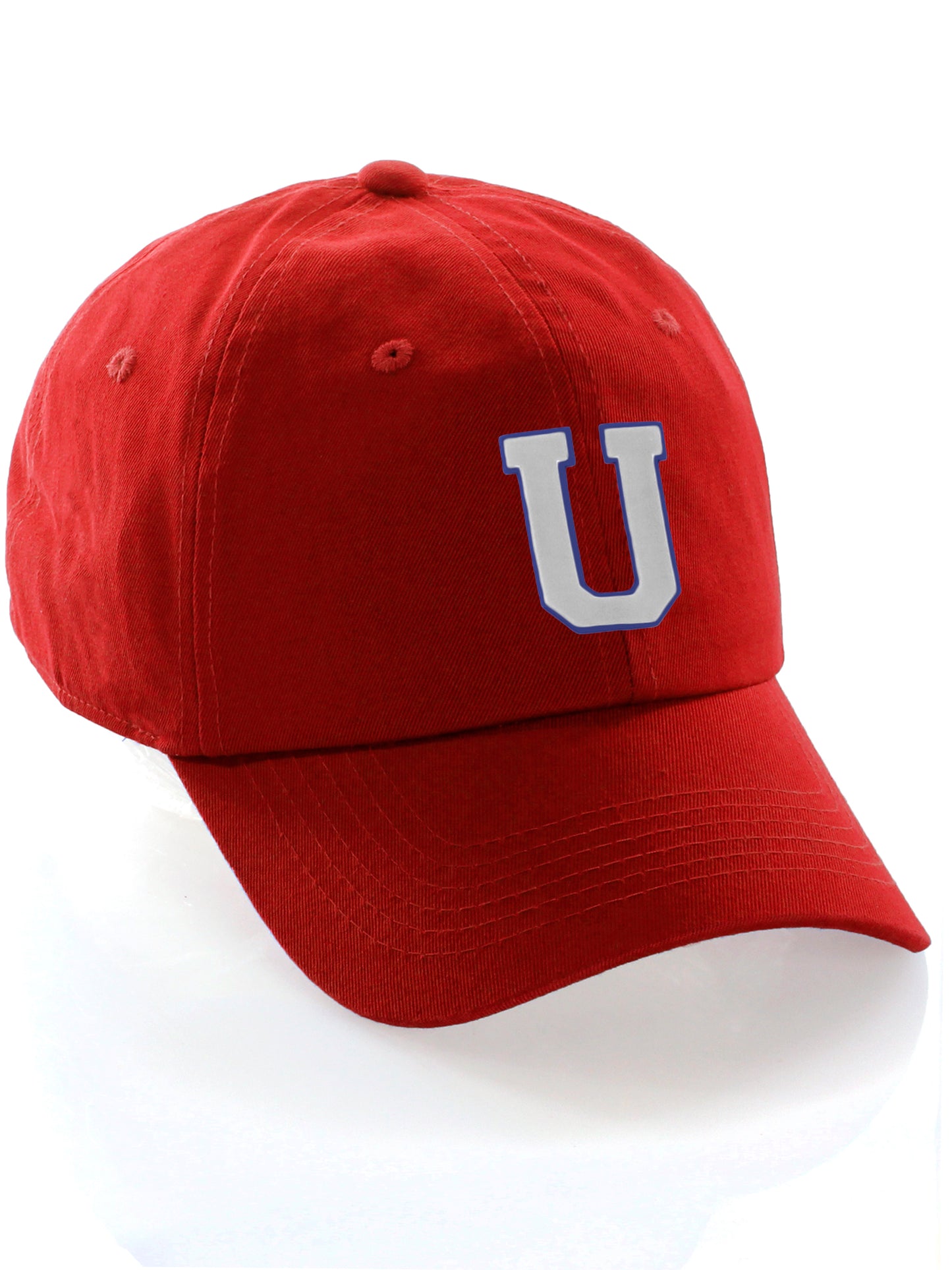 Customized Letter Initial Baseball Hat A to Z Team Colors, Red Cap Blue White