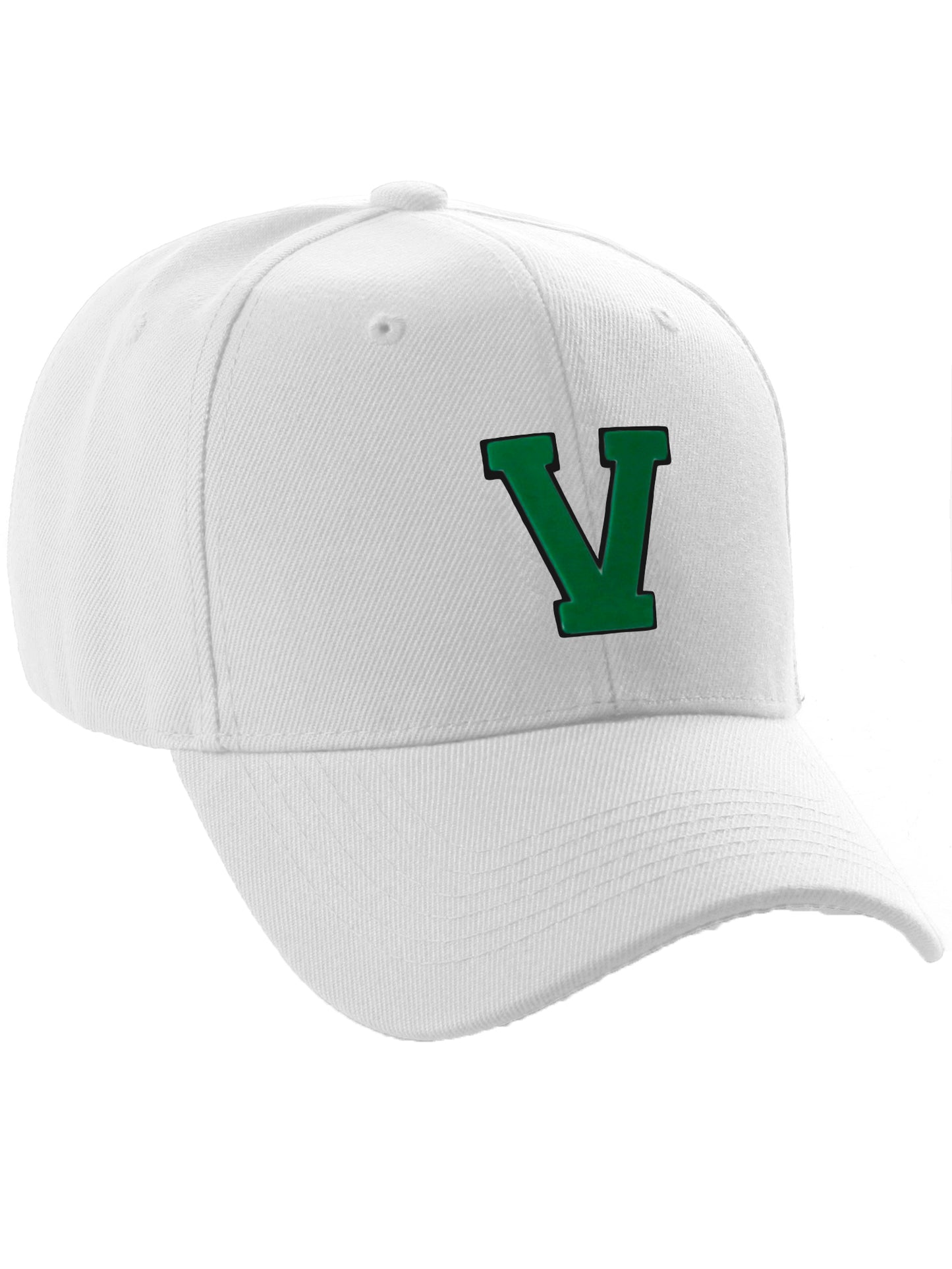 Classic Baseball Hat Custom A to Z Initial Team Letter, White Cap Black Green