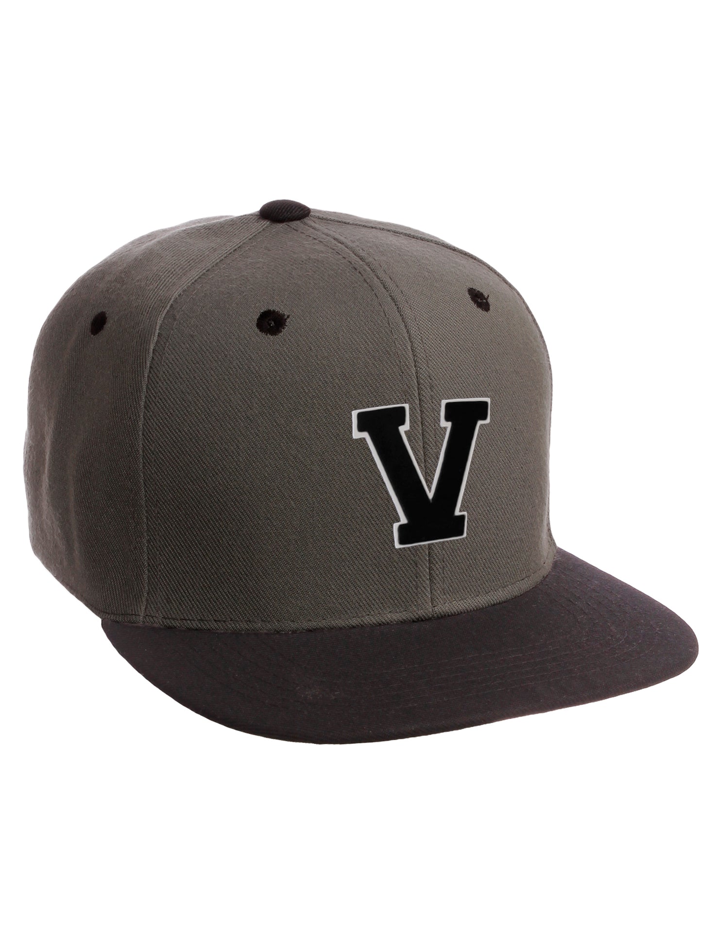 Classic Snapback Hat Custom A to Z Initial Letters, Charcoal Black Cap Wht Blk