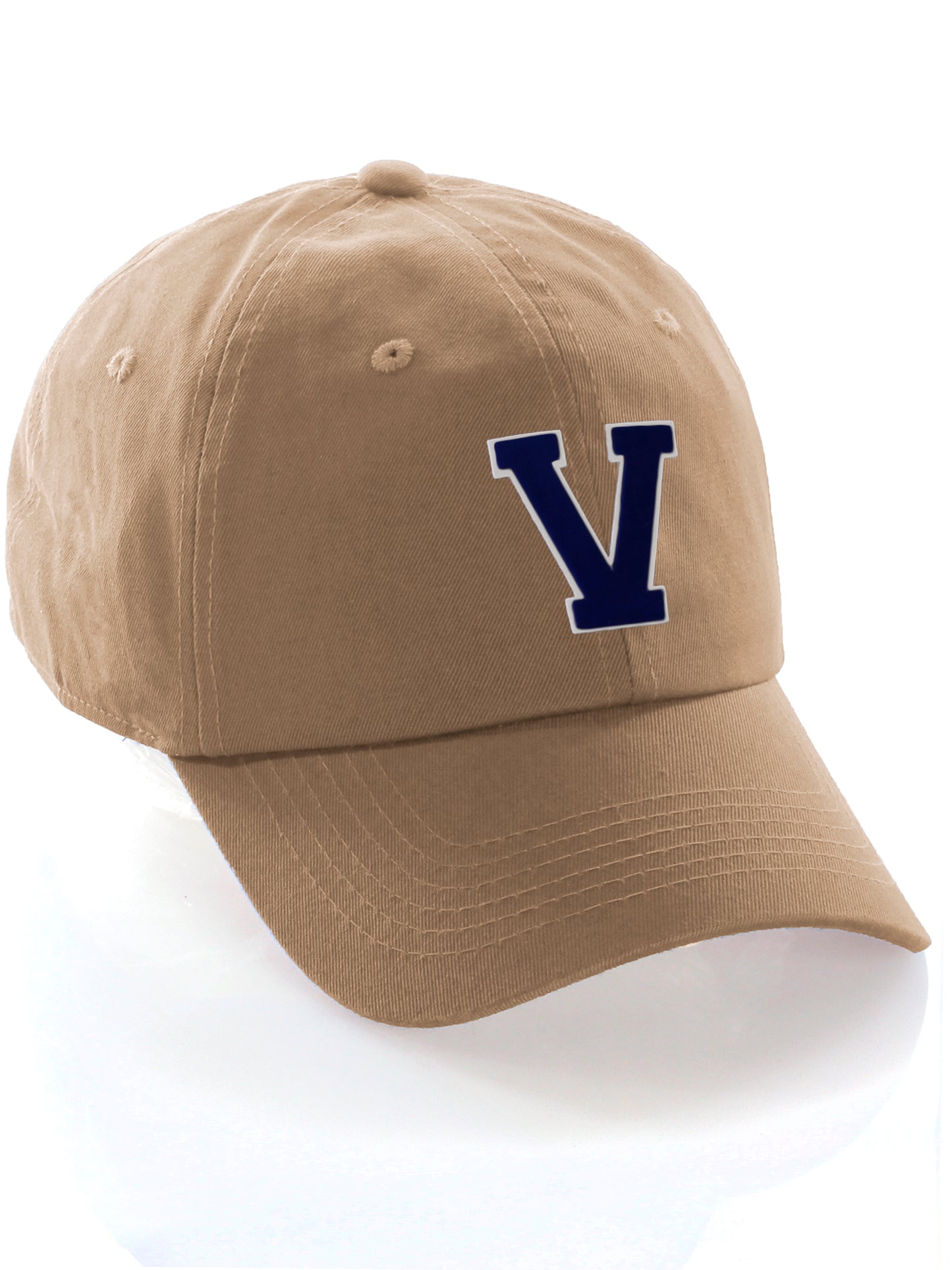 I&W Hatgear Customized Letter Initial Baseball Hat A to Z Team Colors, Khaki Cap White Navy