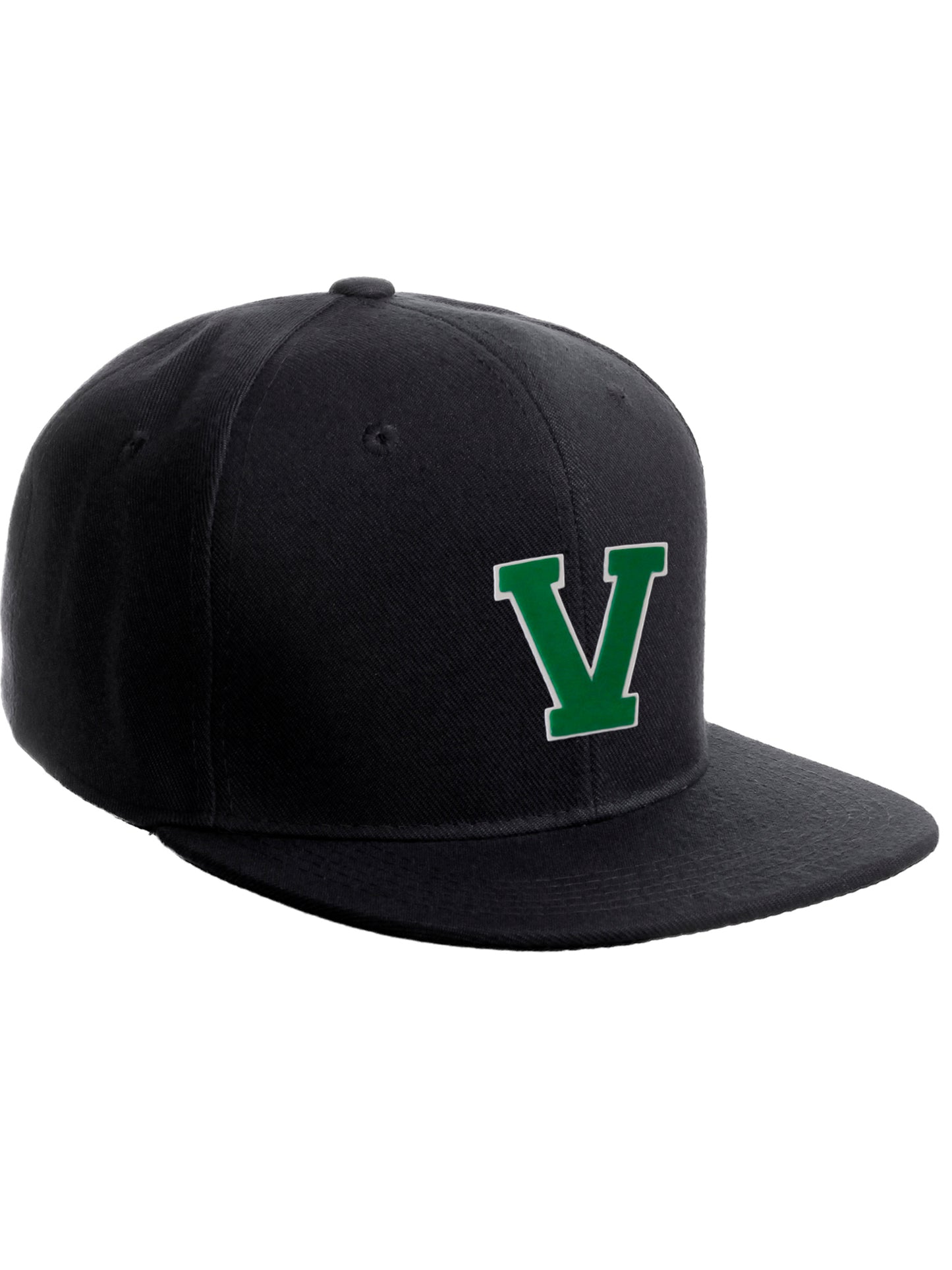 Classic Snapback Hat Custom A to Z Initial Raised Letters, Black Cap White Green