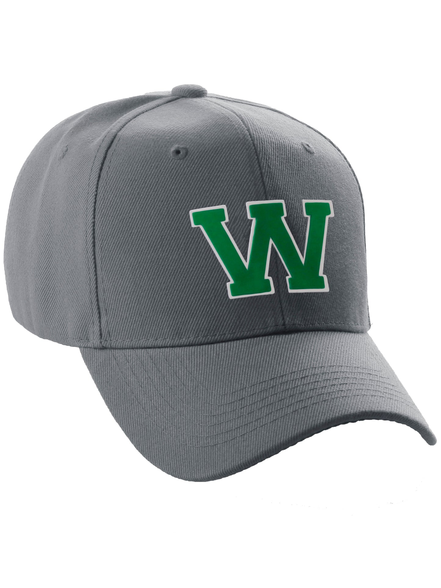 Classic Baseball Hat Custom A to Z Initial Team Letter, Charcoal Cap White Green