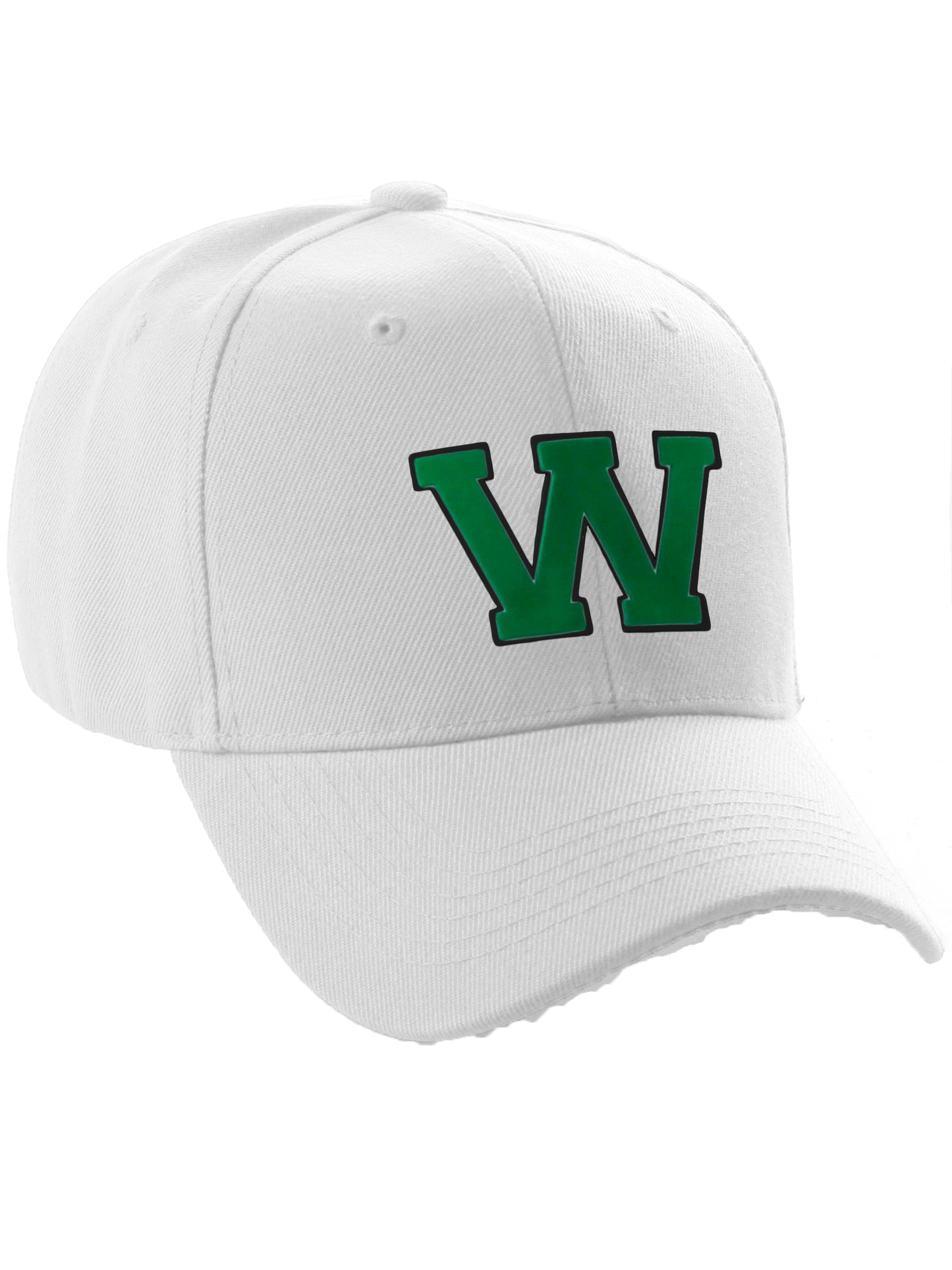 Classic Baseball Hat Custom A to Z Initial Team Letter, White Cap Black Green