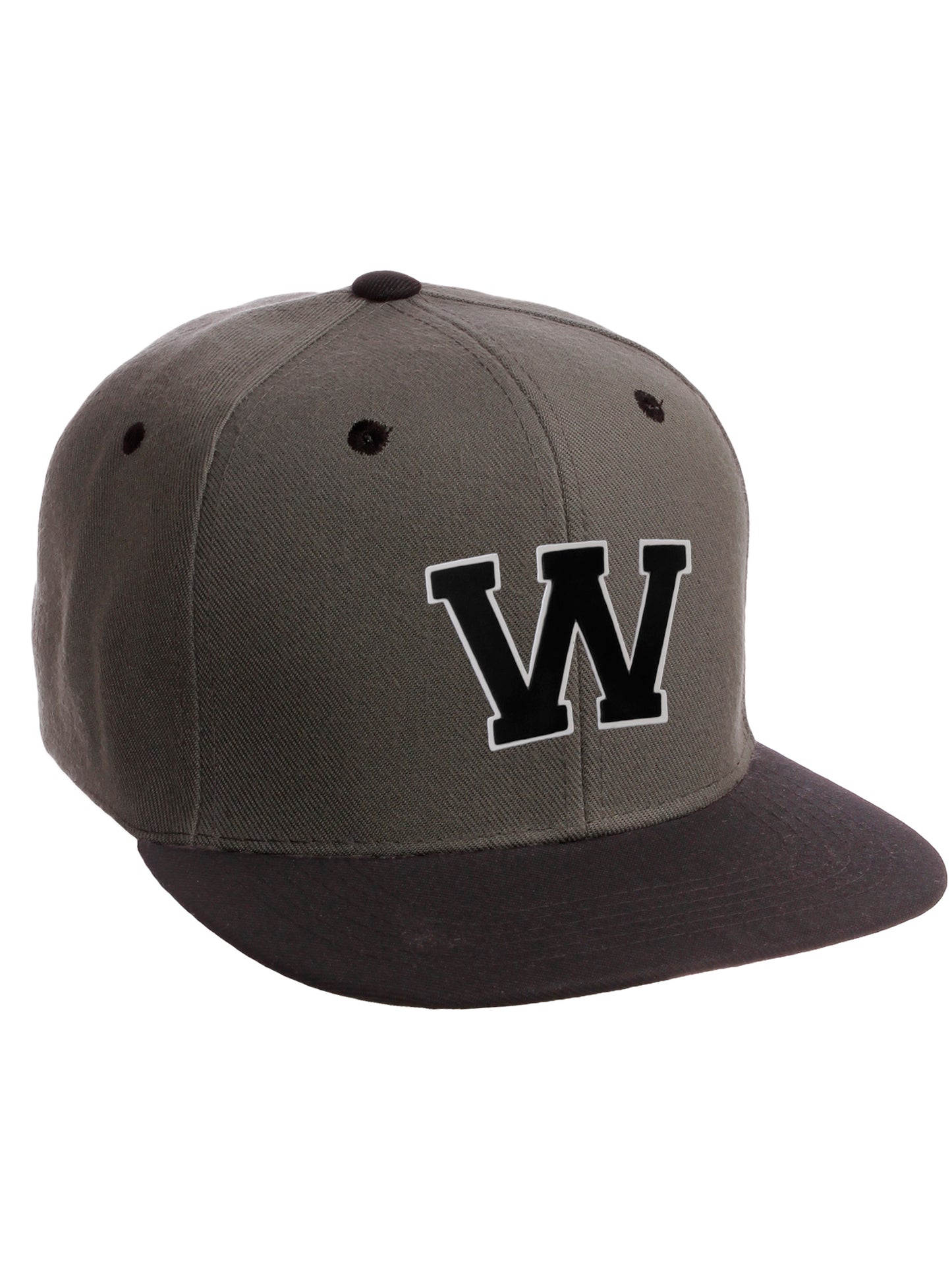Classic Snapback Hat Custom A to Z Initial Letters, Charcoal Black Cap Wht Blk