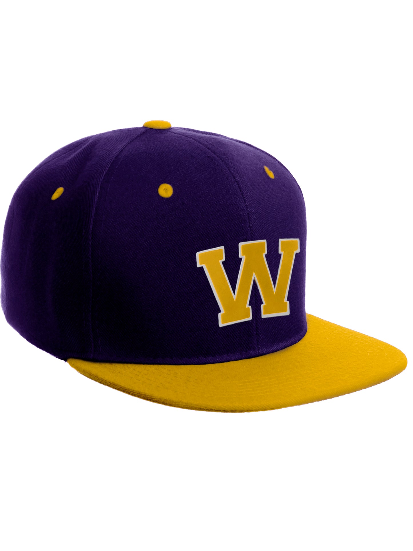 Classic Snapback Hat Custom A to Z Initial Letters, Purple Gold Cap White Gold