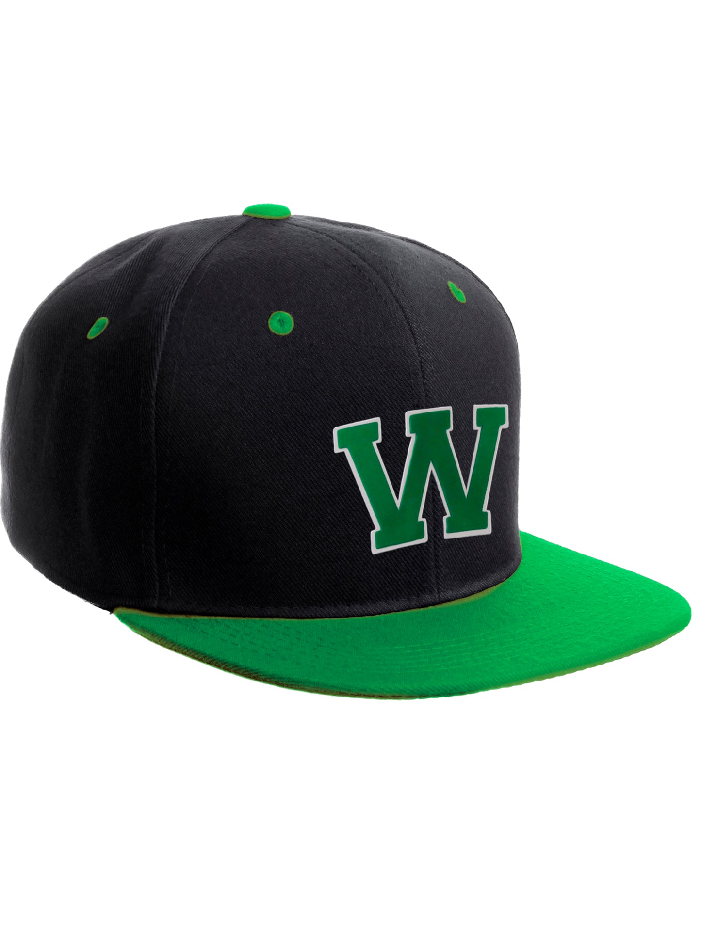 Classic Snapback Hat Custom A to Z Initial Letters, Black Green Cap White Green