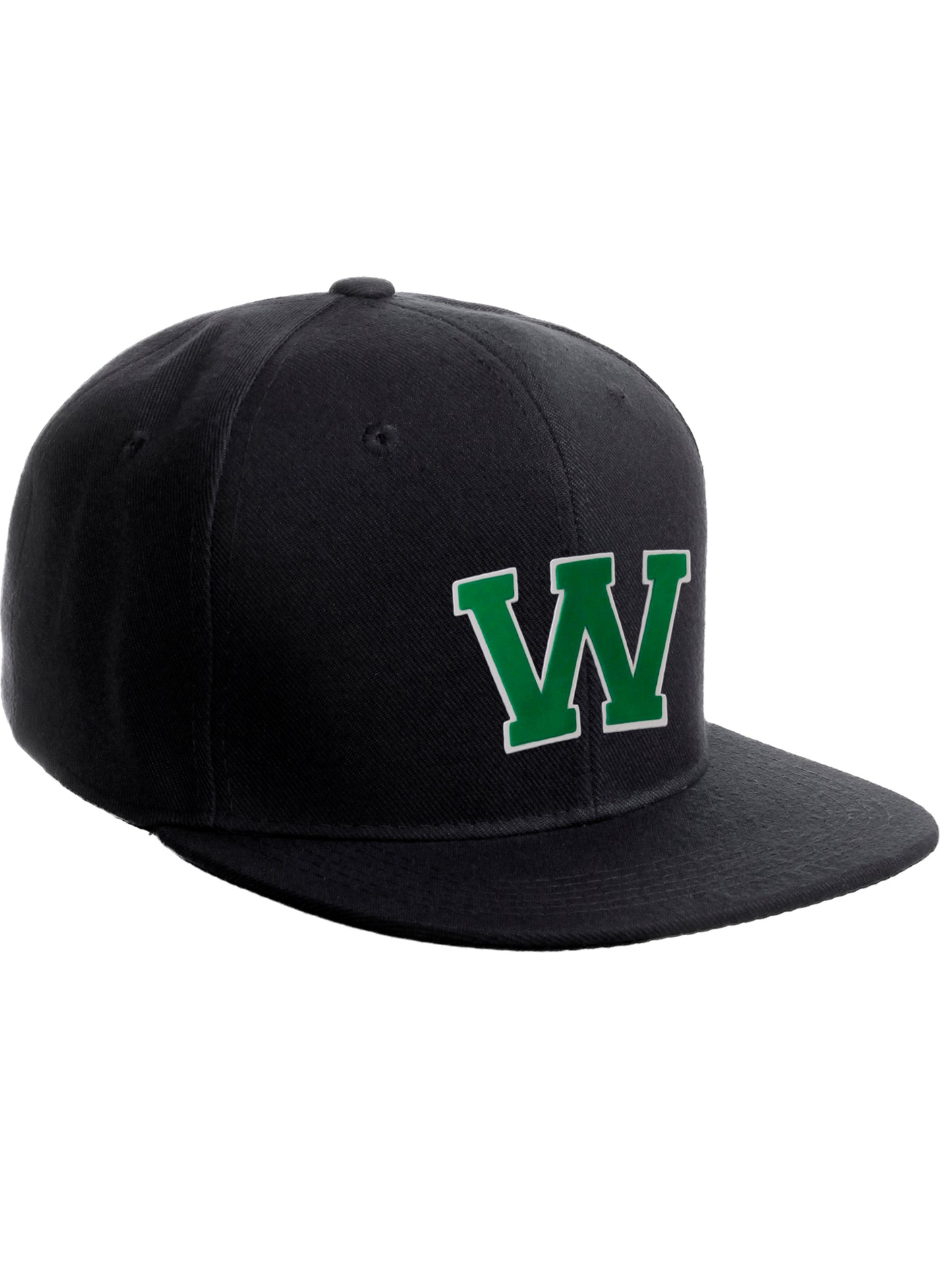 Classic Snapback Hat Custom A to Z Initial Raised Letters, Black Cap White Green