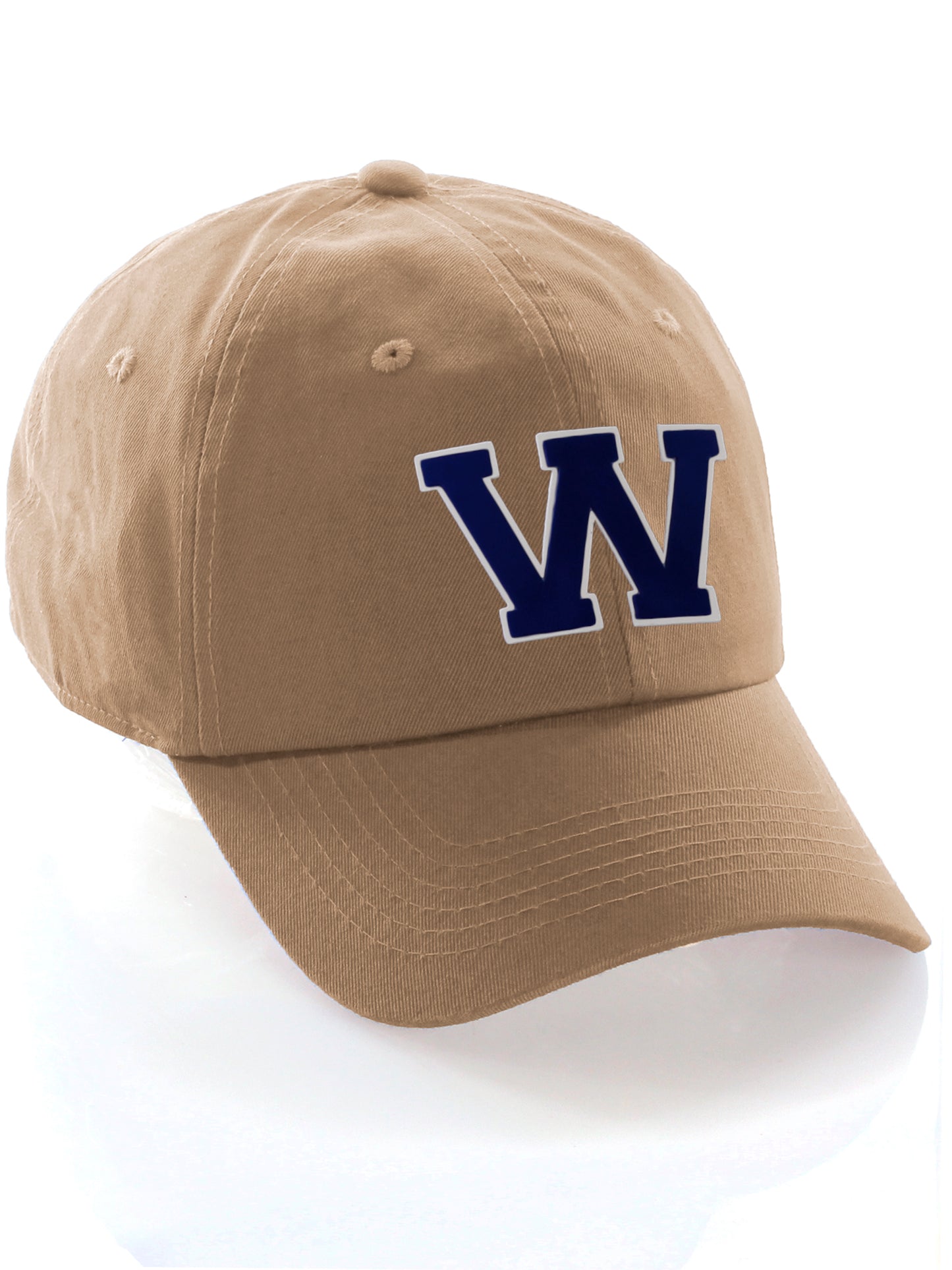 I&W Hatgear Customized Letter Initial Baseball Hat A to Z Team Colors, Khaki Cap White Navy