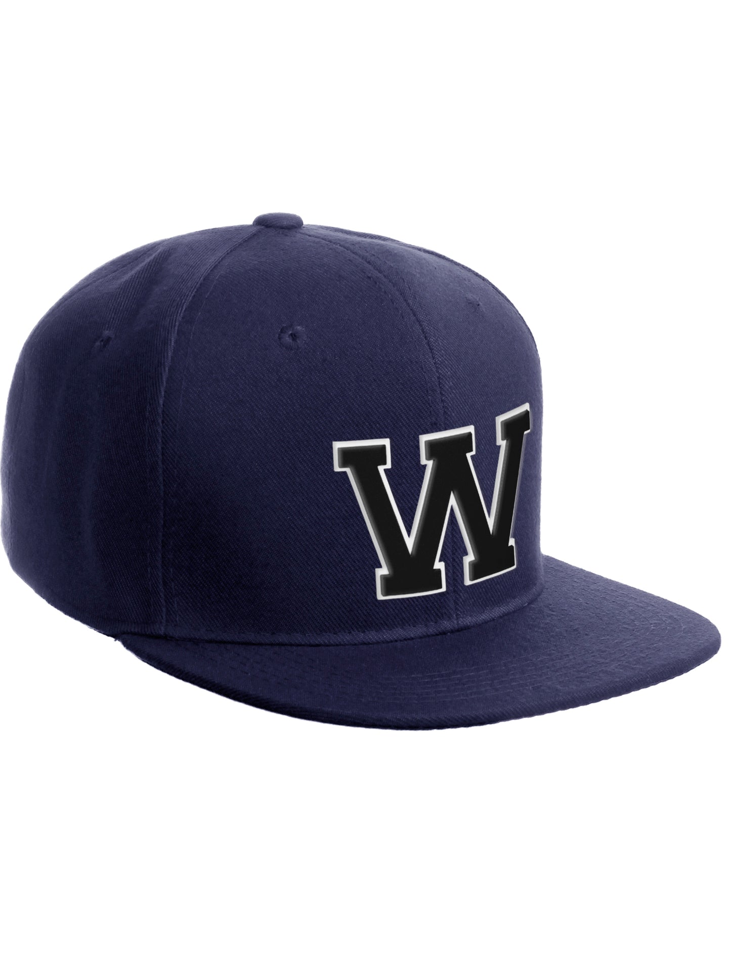 Classic Snapback Hat Custom A to Z Initial Letters, Navy Cap White Black