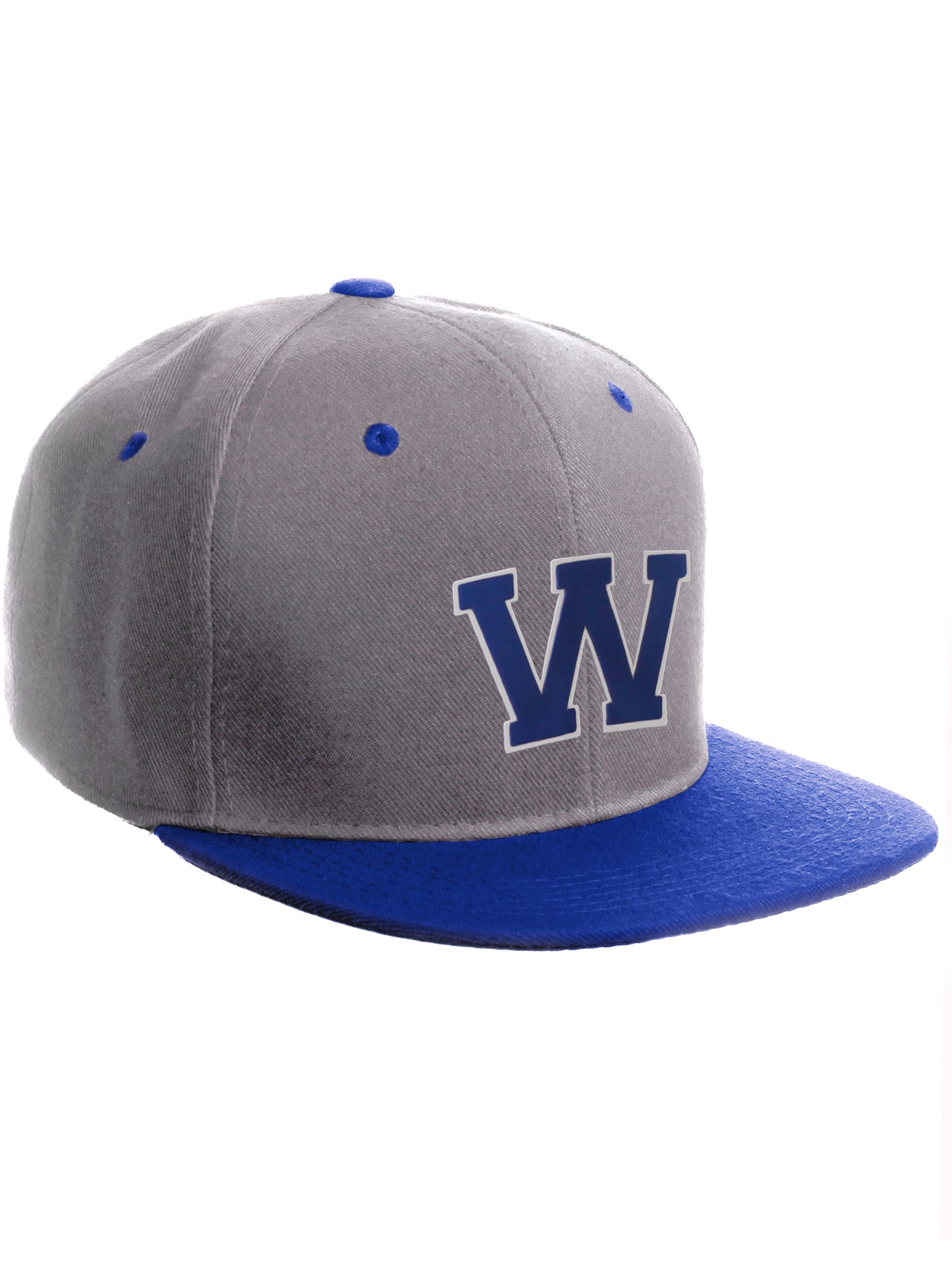 Classic Snapback Hat Custom A to Z Initial Letters, Lt Grey Royal Cap White Blue