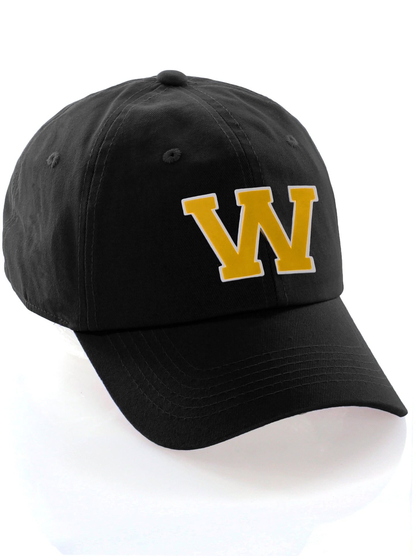 I&W Hatgear Customized Letter Initial Baseball Hat A to Z Team Colors, Black Cap White Gold