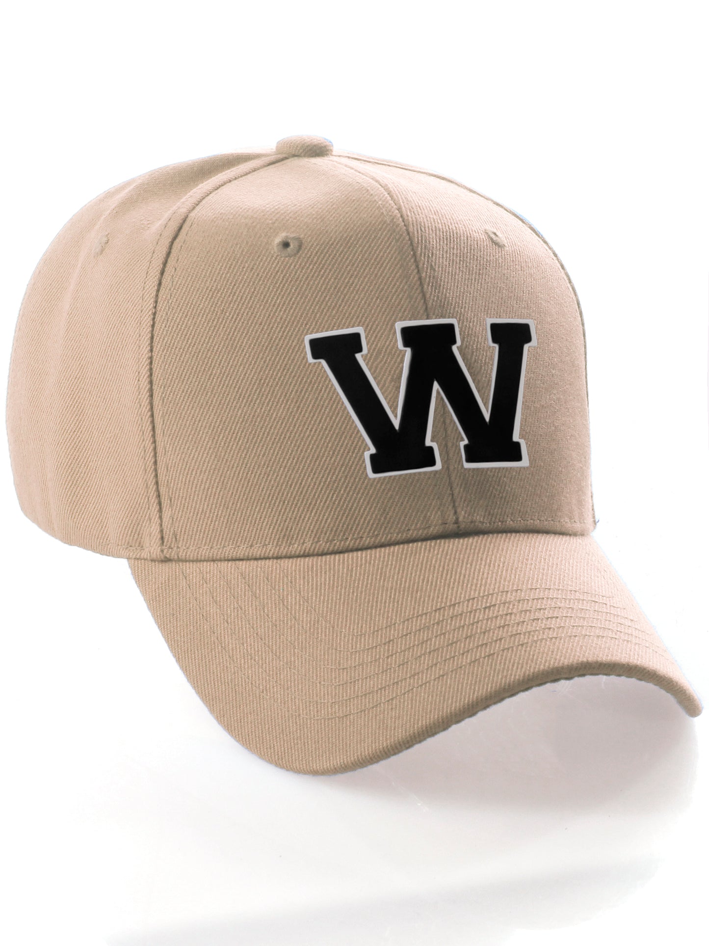 Classic Baseball Hat Custom A to Z Initial Team Letter, Khaki Cap White Black