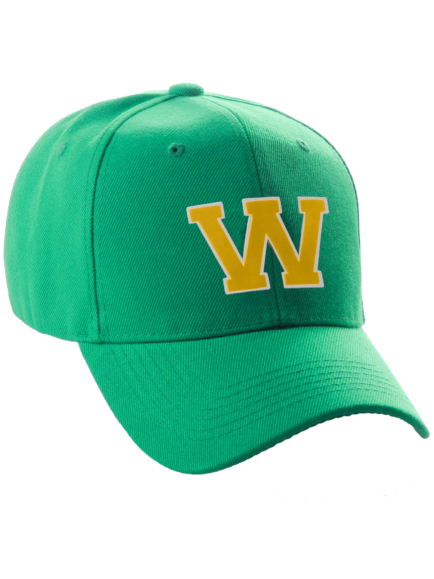 Classic Baseball Hat Custom A to Z Initial Team Letter, Green Cap White Gold