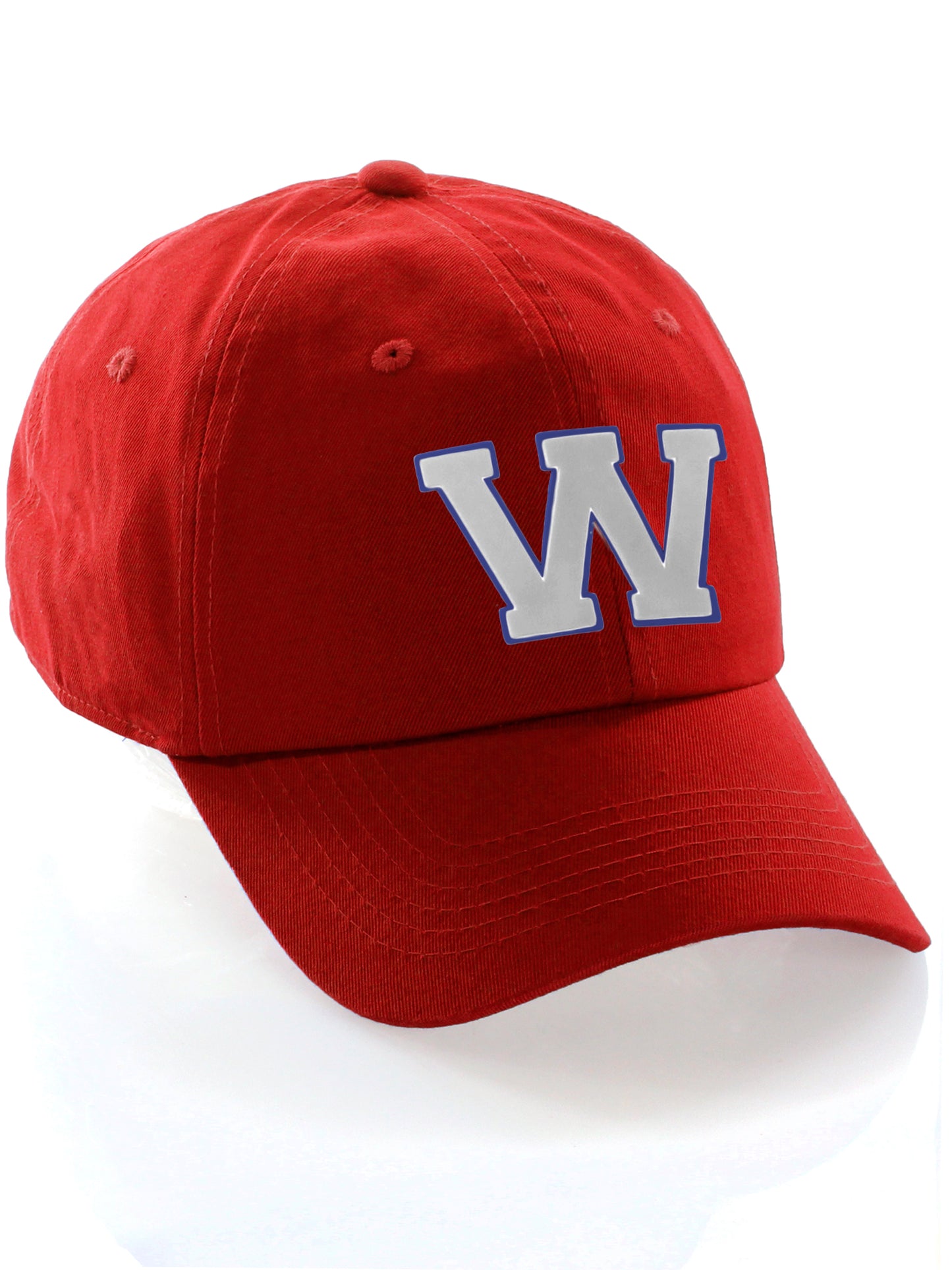 Customized Letter Initial Baseball Hat A to Z Team Colors, Red Cap Blue White