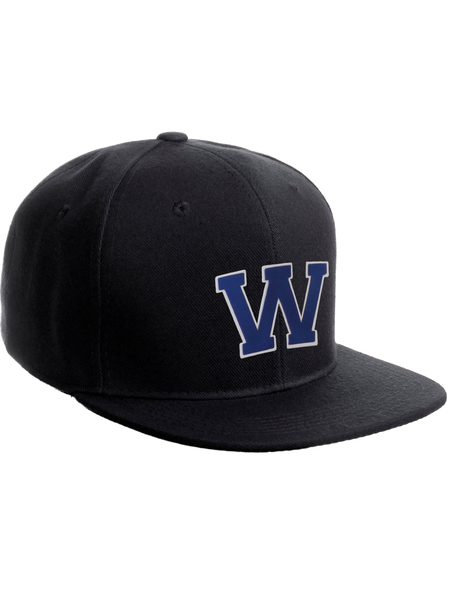 Classic Snapback Hat Custom A to Z Initial Raised Letters, Black Cap White Royal