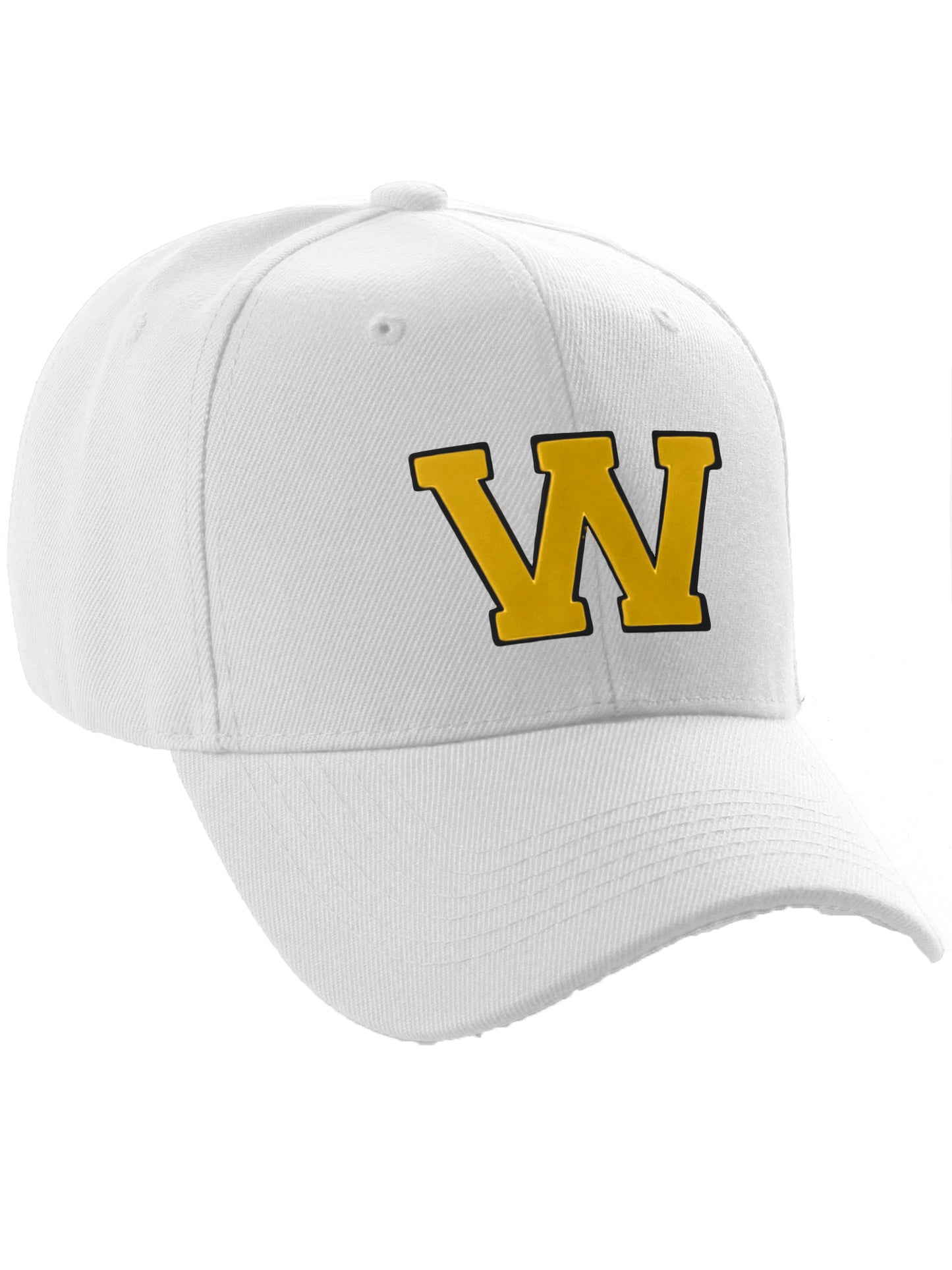 Classic Baseball Hat Custom A to Z Initial Team Letter, White Cap Black Gold