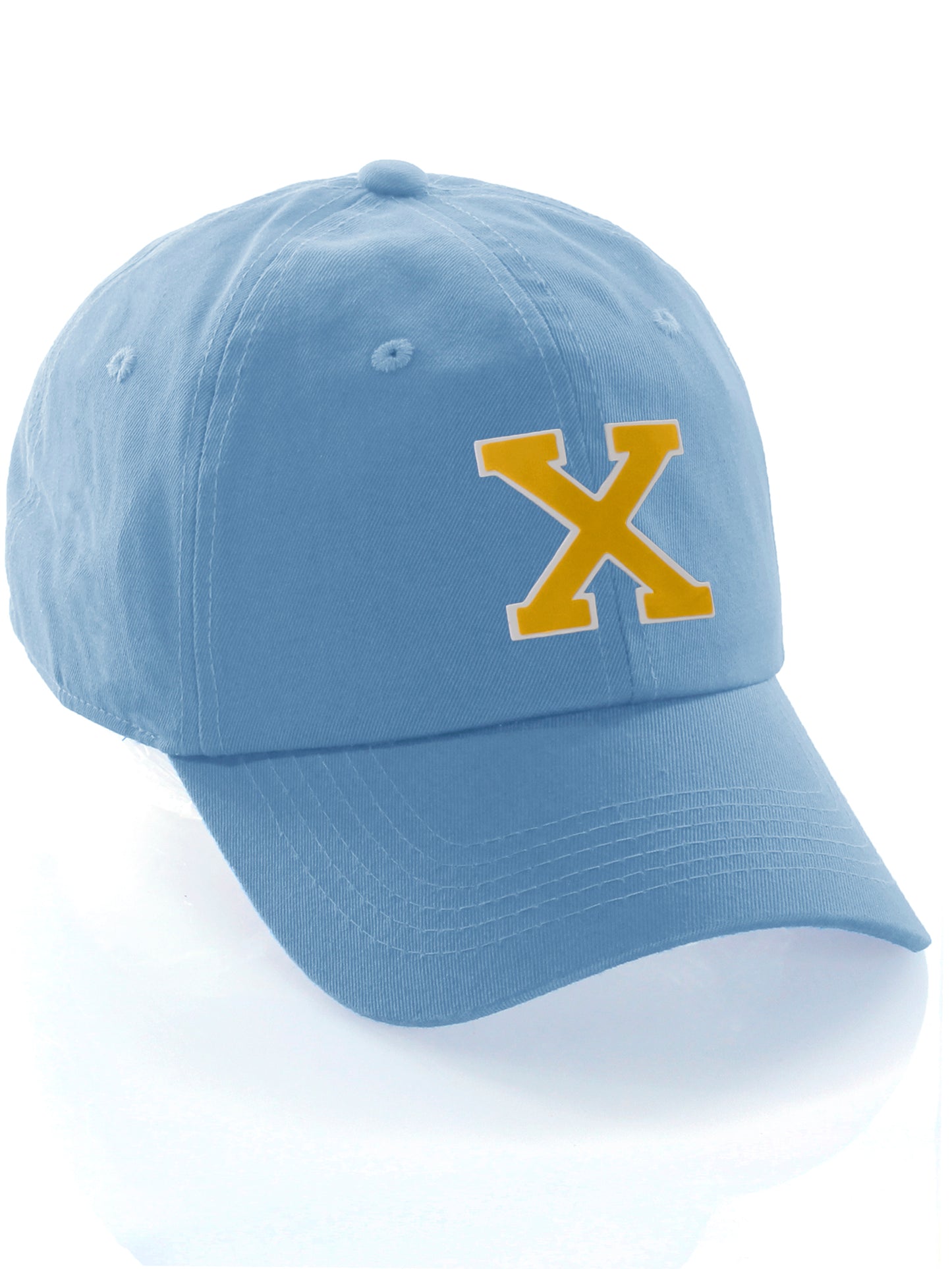 Customized Letter Initial Baseball Hat A to Z Team Colors, Sky Cap White Gold