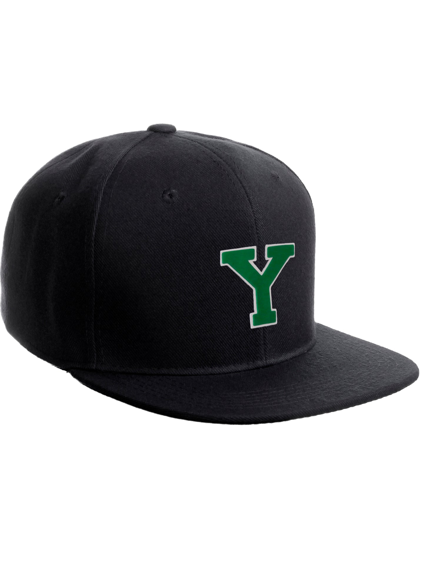 Classic Snapback Hat Custom A to Z Initial Raised Letters, Black Cap White Green