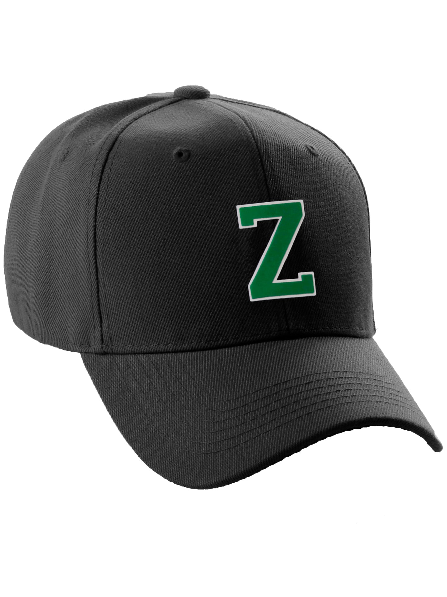 Classic Baseball Hat Custom A to Z Initial Team Letter, Black Cap White Green