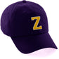 Customized Letter Initial Baseball Hat A to Z Team Colors, Purple Cap White Gold