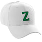 Classic Baseball Hat Custom A to Z Initial Team Letter, White Cap Black Green