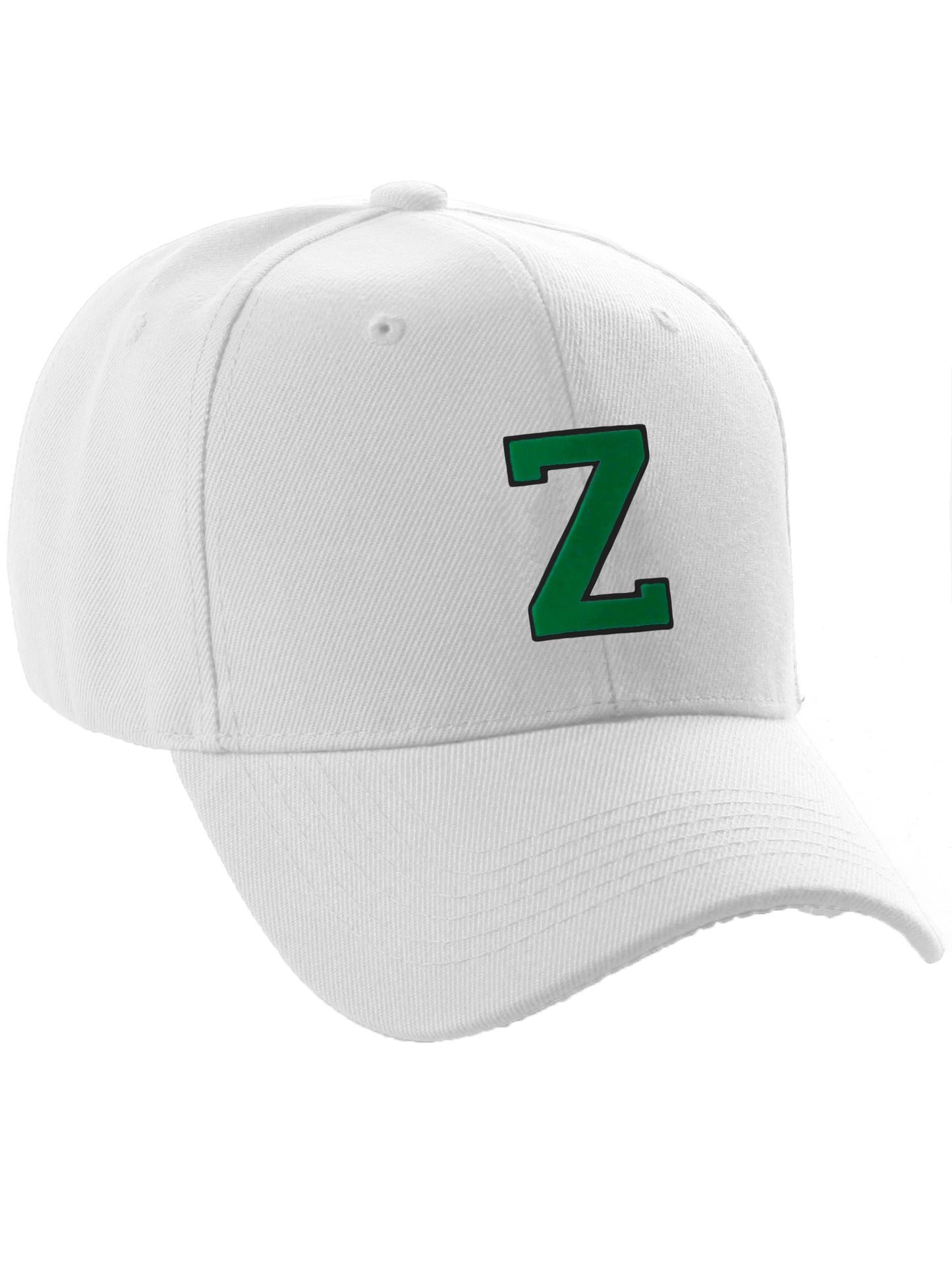 Classic Baseball Hat Custom A to Z Initial Team Letter, White Cap Black Green