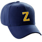 Classic Baseball Hat Custom A to Z Initial Team Letter, Navy Cap White Gold