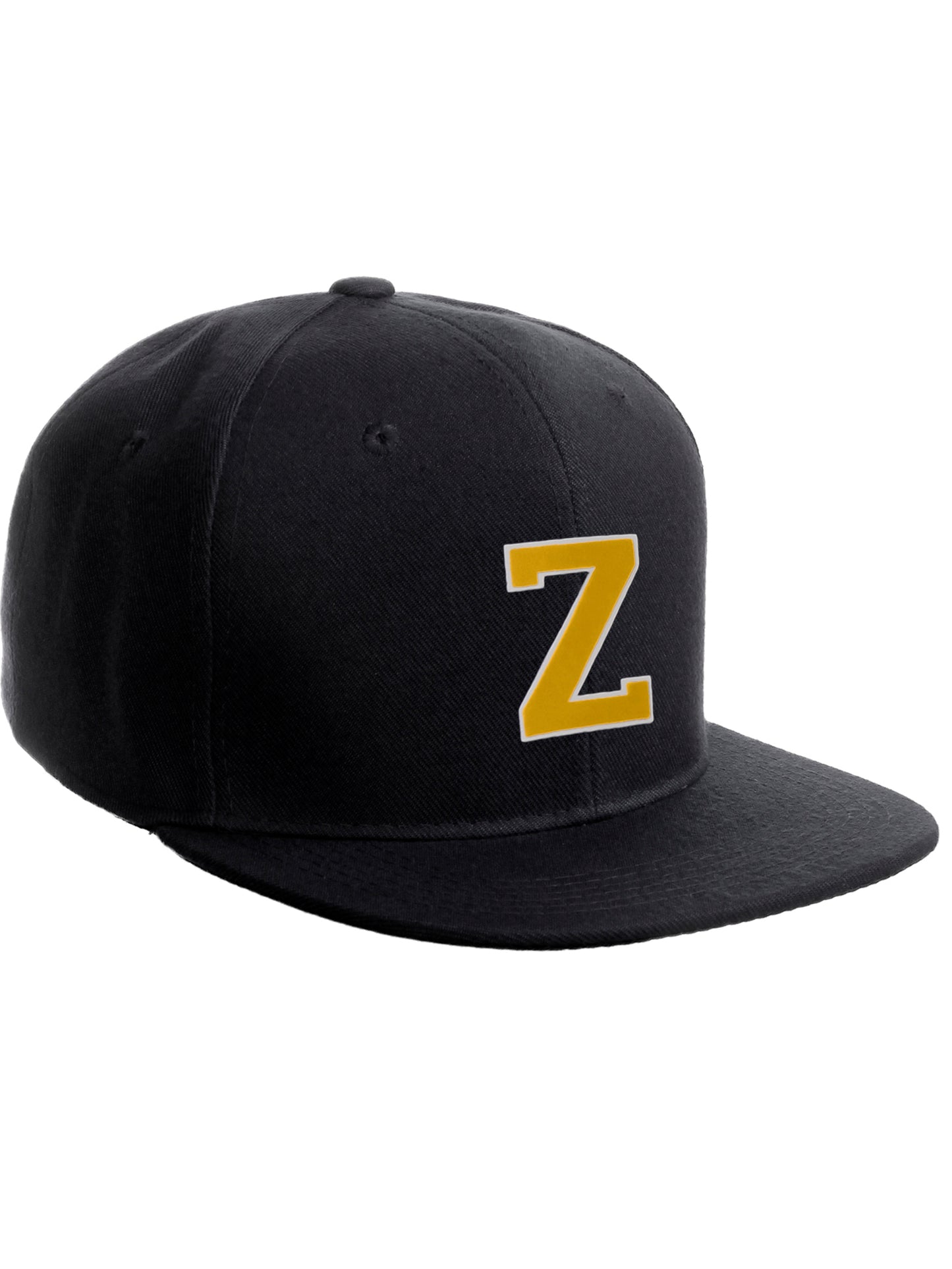 Classic Snapback Hat Custom A to Z Initial Raised Letters, Black Cap White Gold